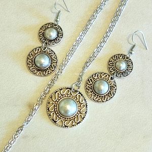 Shimmery Pearl Ethnic Tribal Necklace Earrings Set, 3 piece Jewelry Set for Her